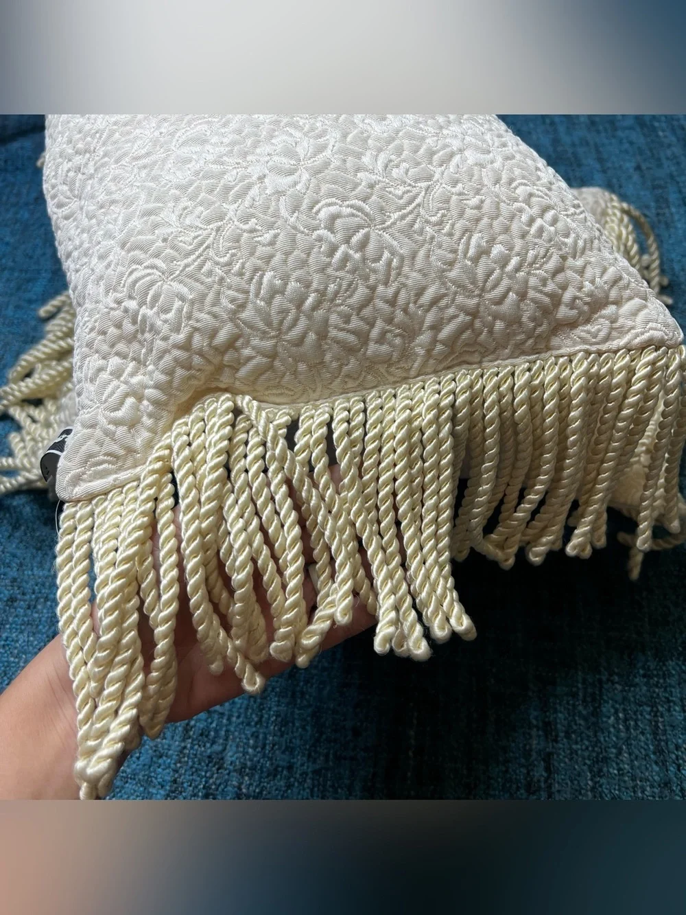 Vintage Newport Elegant Fringe Throw Pillows Set of 2 Ivory Floral Lumbar 15x11